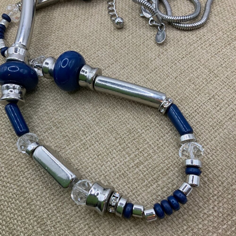 Chico's Silver Tone Blue Crystal Mixed Beaded Long Chain Necklace